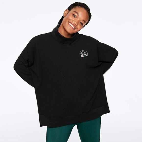 Victoria's Secret PINK Women Love Logo Turtleneck Long Sleeve Tunic Tee Black L - Picture 1 of 7